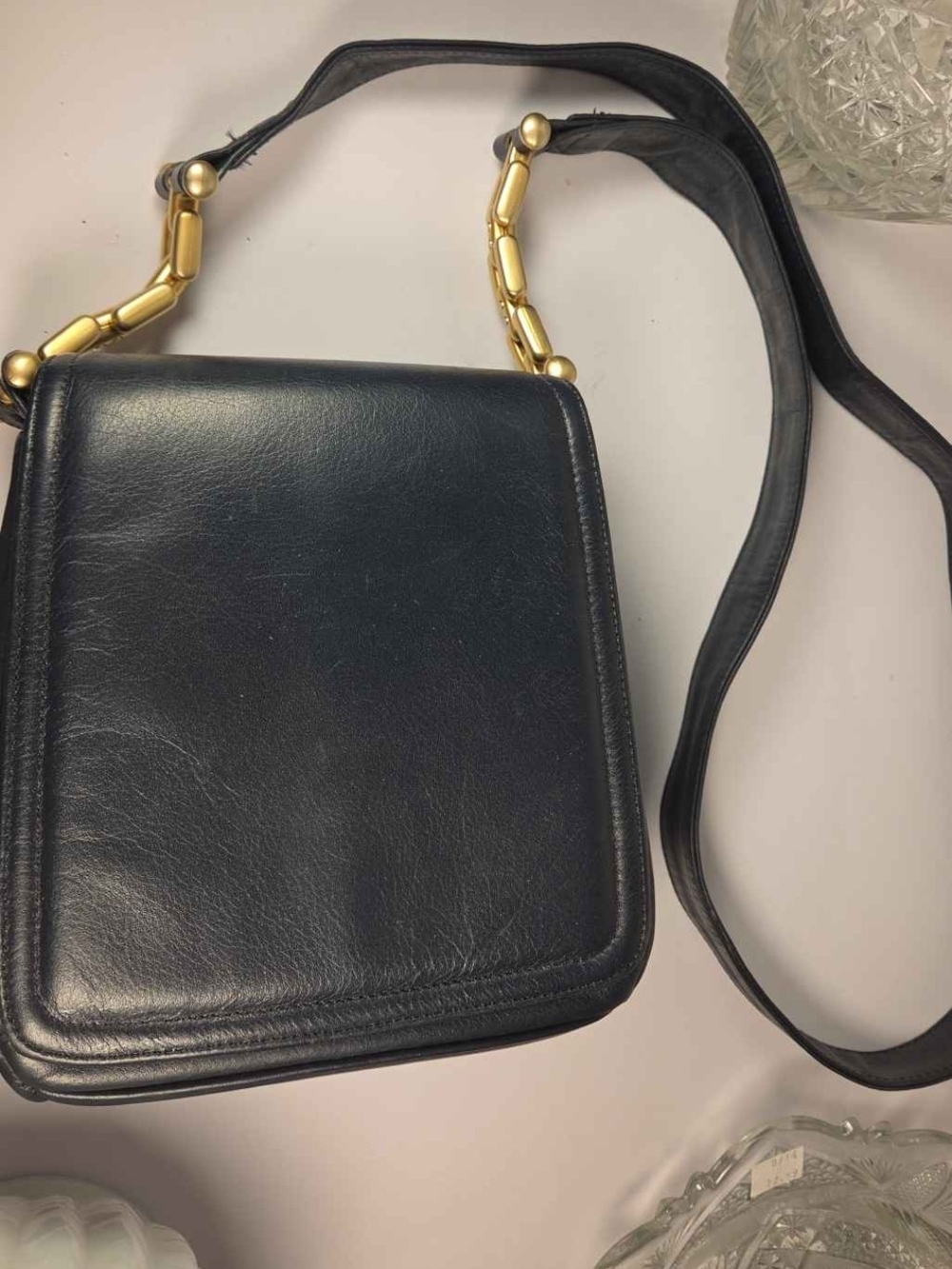 Classic Dk. Blue Leather Crossbody Bag with Gold Chain Accents